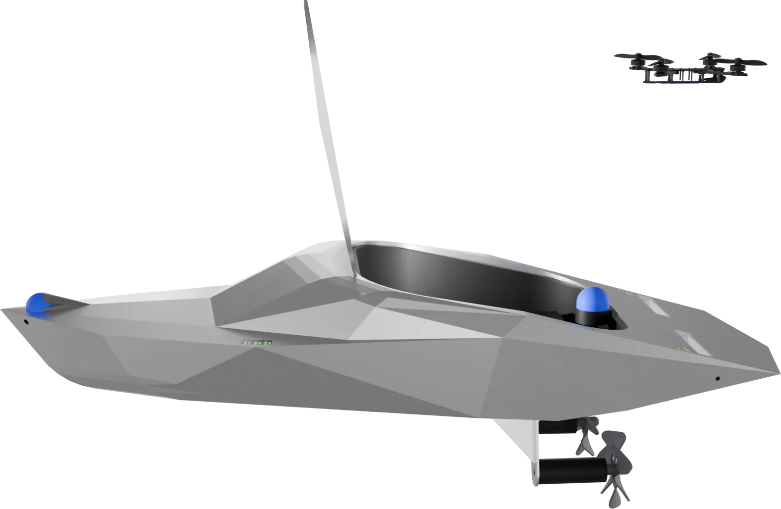 Side render of Mobula with the drone bay hatch standing open above the deck, one lidar dome at the tip of the bow and a second on the aft rim of the bay both picked out in blue, and the quadcopter airborne off the stern