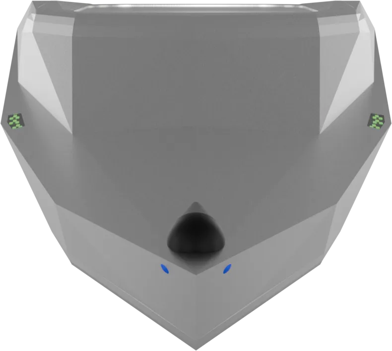 Head-on render of Mobula's bow showing the forward sensor dome and a blue camera aperture either side of it