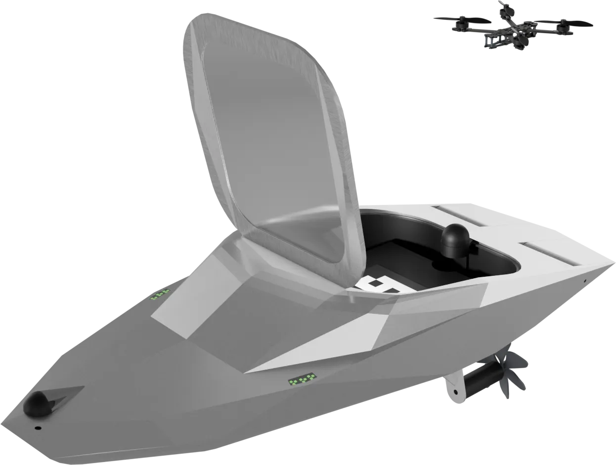 Render of Mobula on the surface with its amidships bay hatch raised and its quadcopter airborne just off the deck