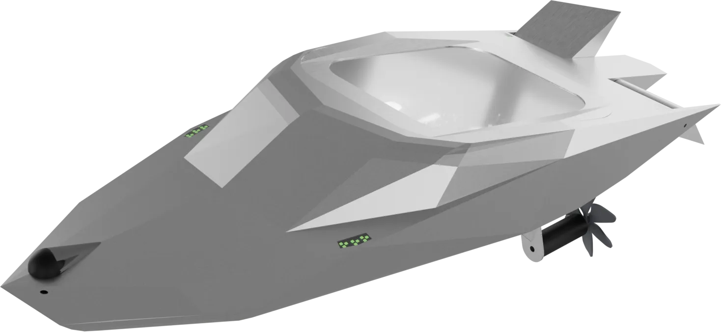 Three-quarter render of Mobula from astern showing horizontal and vertical control surfaces at the tail