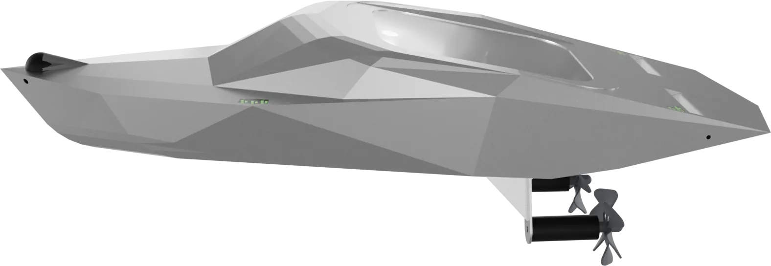 Side profile render of Mobula showing the faceted planing hull and twin propellers on a strut below the stern