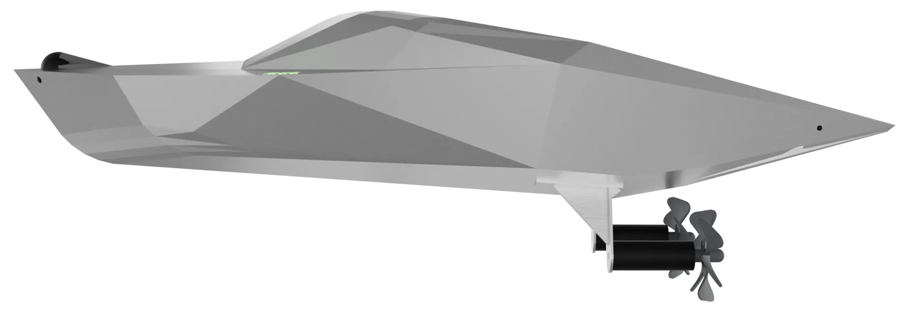 Pure side elevation of Mobula in its dive configuration: hatch closed flush into the deck, the lidar fairing at the tip of the bow, and the hull tapering aft to a single point