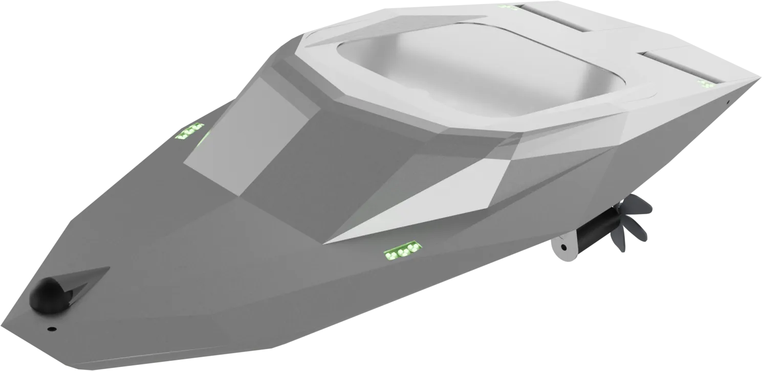 Three-quarter render of Mobula from ahead and above showing the faceted plate hull, the closed drone bay hatch and green LED modules along the side
