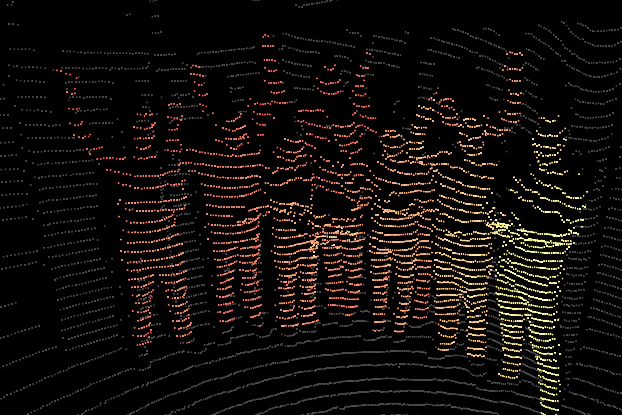 Lidar point cloud of the Mobula team and ScoutDI waving at ScoutDI's office in Trondheim, shown as orange points on black