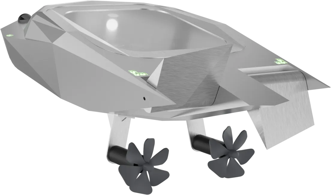 Render of Mobula from astern and above, the tapered stern edge split into three segments with the outer two angled in opposite directions, and the twin propellers on separate struts below the hull