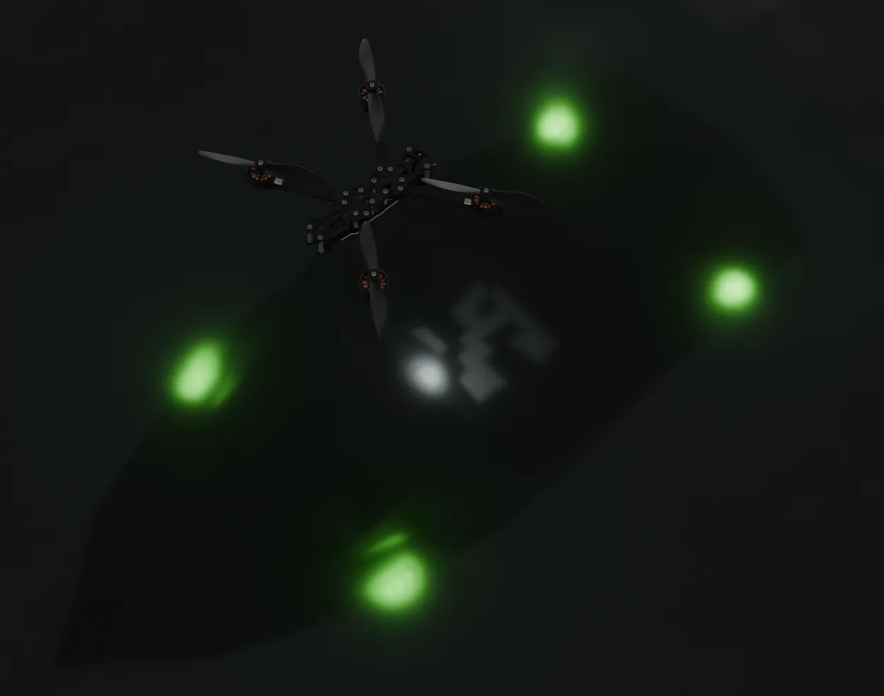 Mobula running just below a dark water surface, four green 532 nm emitters blooming through the water, with its drone holding station directly above the hull