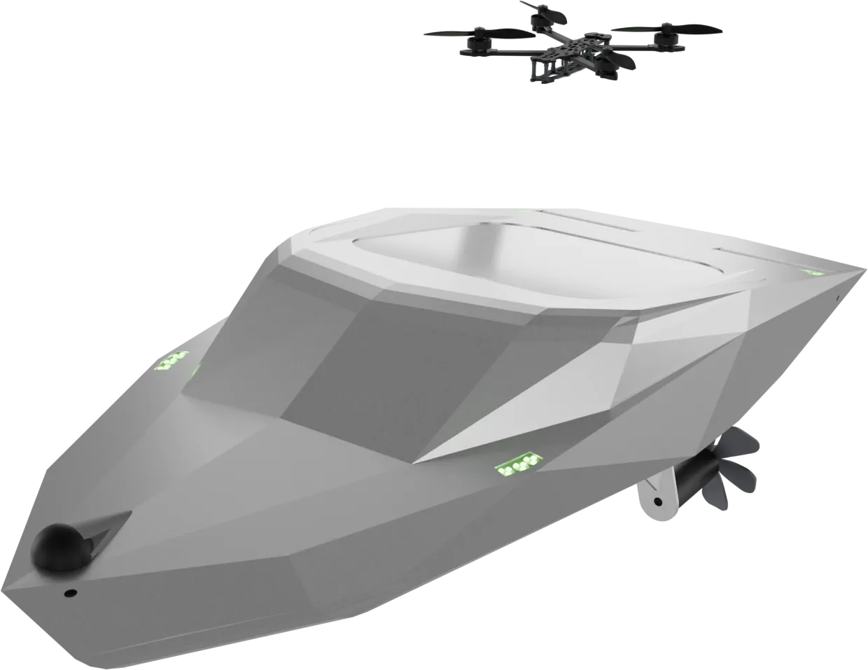 Render of Mobula on the surface with its bay hatch closed flush into the deck and its quadcopter airborne above the bow quarter